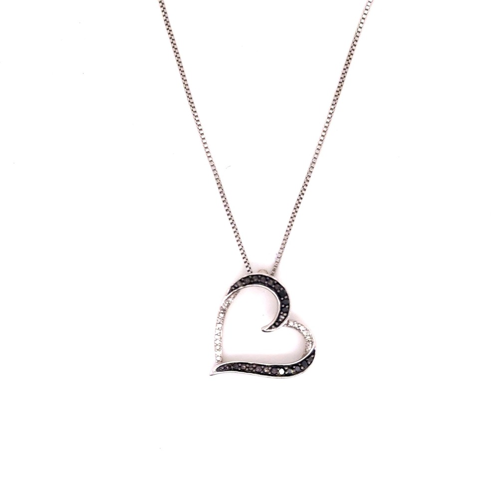 Sterling Silver Black and White Heart Pendant Necklace 18 Inch Box Chain